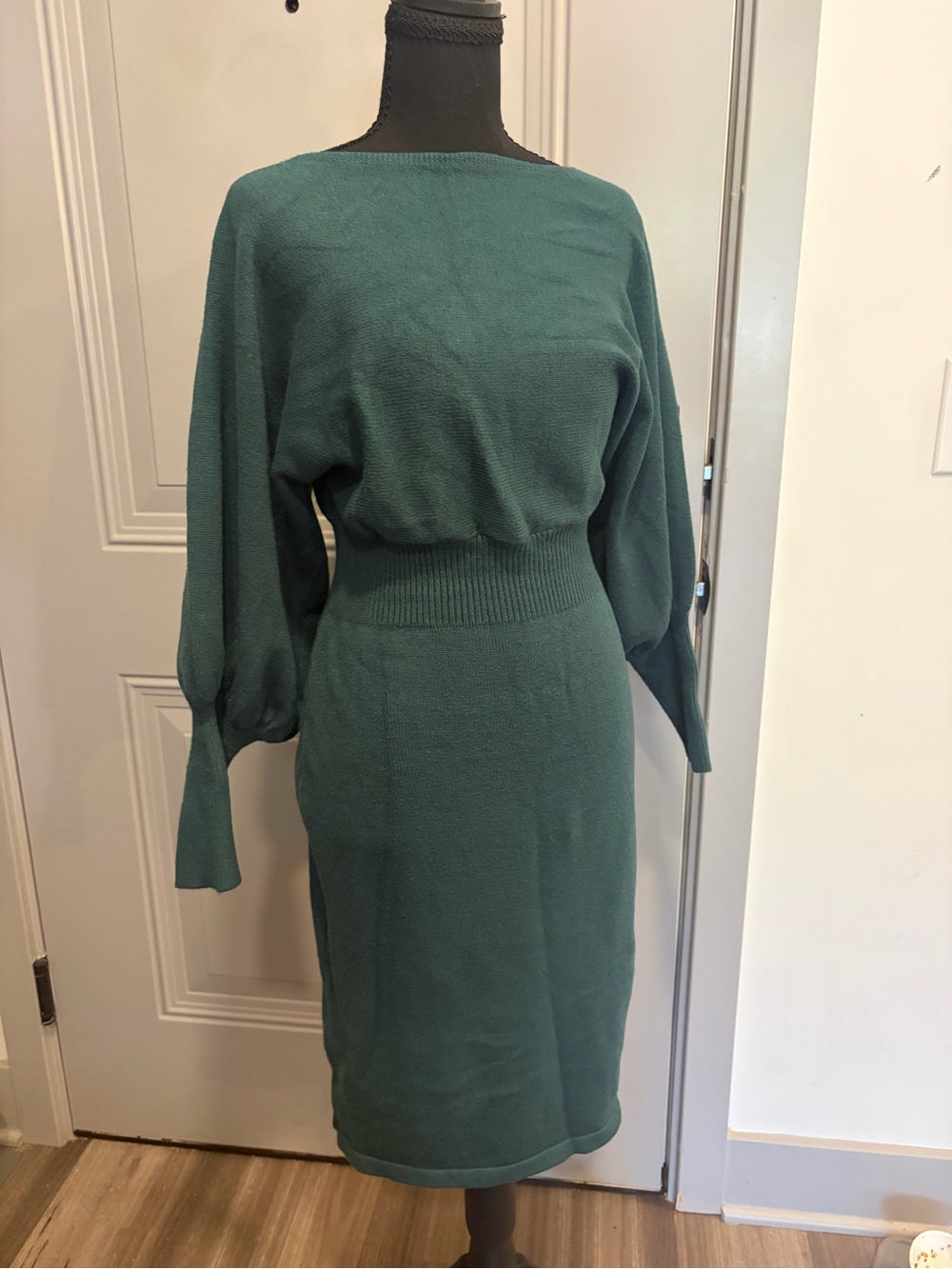 SHEIN Sea green Boatneck Ribbed-Waist sweater Midi Dress